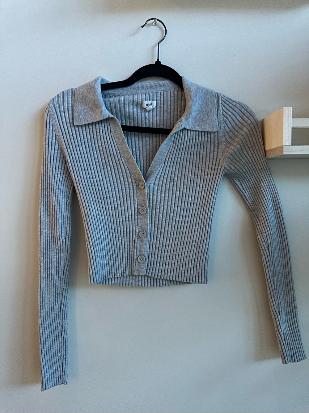 aerie Light Gray Ribbed Button-Up Collar Top